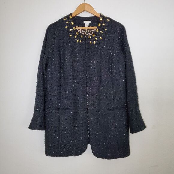 Chico's Women's Jacket Large Black Tweed Long Line Beaded Shimmer Elegant - Picture 1 of 13